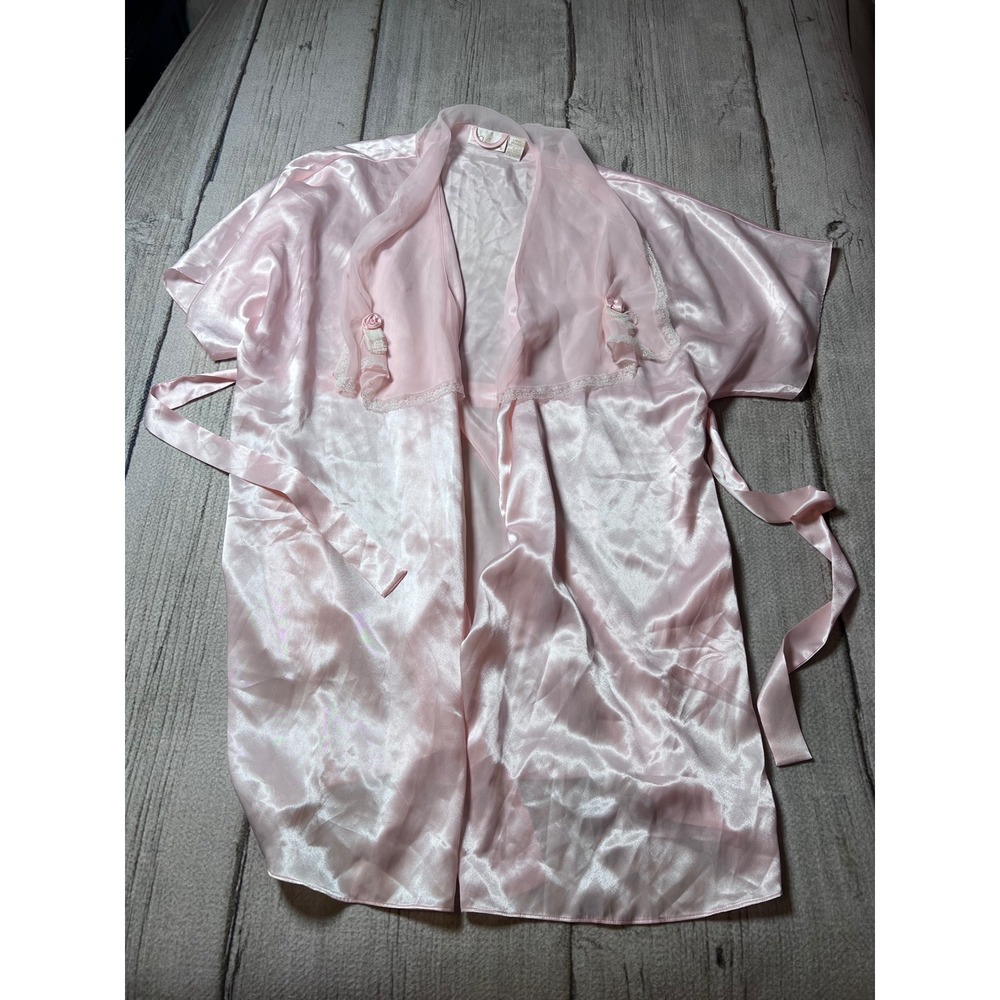 Delicates Robe‎ Womens Large Pink Satin Sheer Lace Trim Short Sleeve
